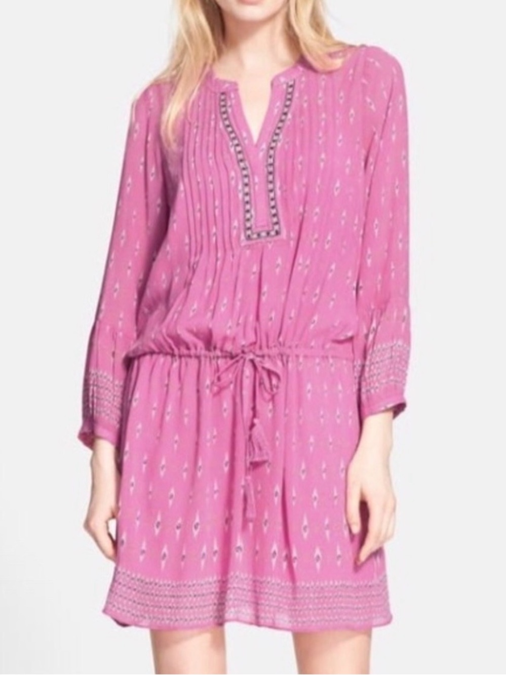 Joie Suerte Pink Ikat Silk Drawstring Blouson Dress L